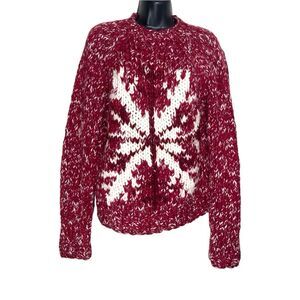Vtg Express Y2K Sweater Womens Large Red Wool Hand Knit Chunky Snowflake Grandma